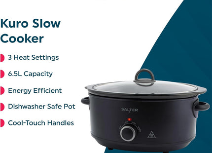 Salter Kuro 6.5L Slow Cooker – Family Size, 3 Heat Settings, Keep Warm, Black, 320W