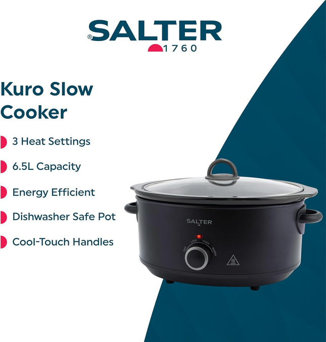 Salter Kuro 6.5L Slow Cooker – Family Size, 3 Heat Settings, Keep Warm, Black, 320W