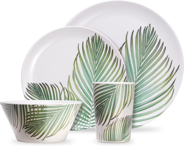 VonShef 16-Piece Melamine Dinnerware Set – Leaf Print Outdoor Dining Collection