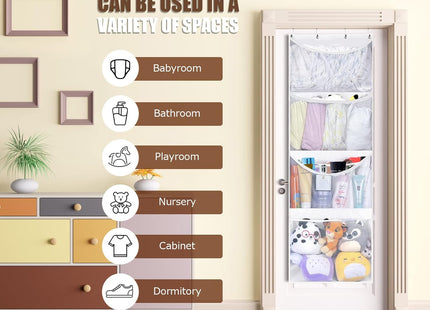 VISATOR Hanging Soft Toy Storage Organiser with 4 Mesh Pockets Over Door White
