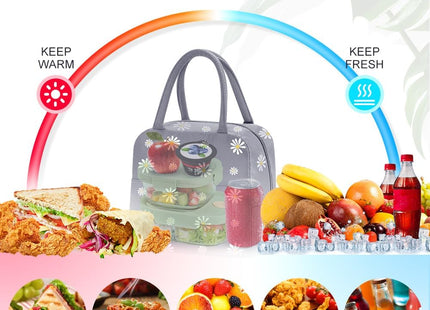 Small Insulated Lunch Bags with Reusable Foil Fabric – Gray Blue Daisy