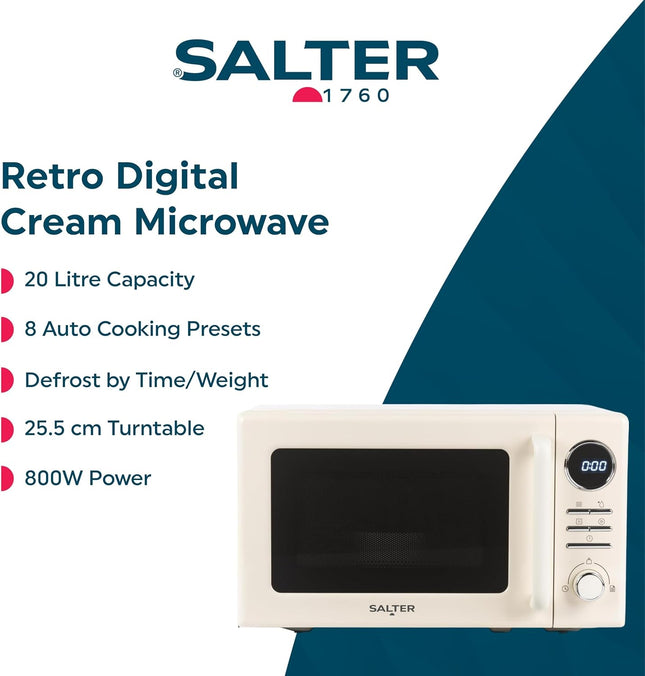Salter Retro Digital Cream Microwave 20L 800W – 8 Auto Programmes, Defrost