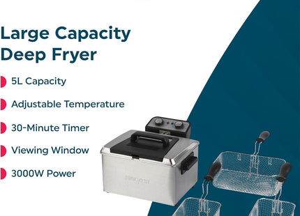Salter 5L Deep Fat Fryer – 3000W Electric Fryer with Dual Baskets, Stainless Steel, EK6266