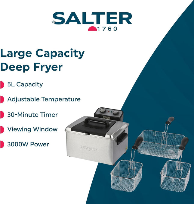 Salter 5L Deep Fat Fryer – 3000W Electric Fryer with Dual Baskets, Stainless Steel, EK6266
