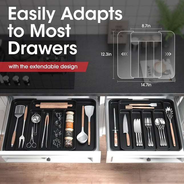 Aujen Expandable Cutlery Drawer Organiser – Adjustable Utensil Tray, Black