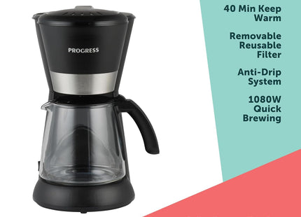 PROGRESS Filter Coffee Machine – 1.5L Coffee Maker, 1080W, Black