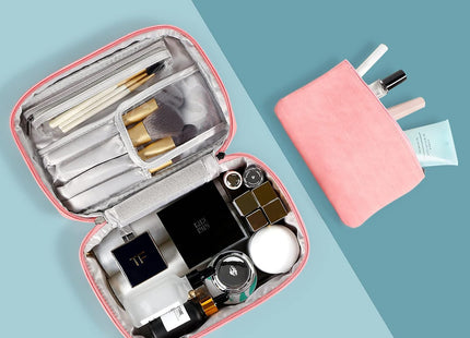 EXERZ Pink PU Makeup Travel Case with Detachable Pouch & Brush Compartments