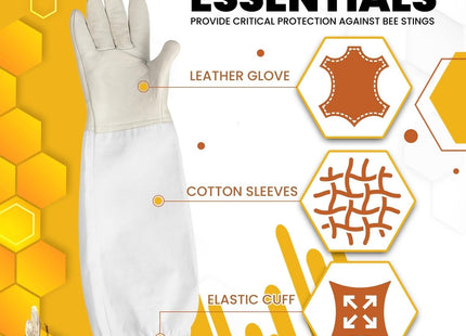 Flexzion Goatskin Leather Beekeeping Gloves with Canvas Arm Guards – White