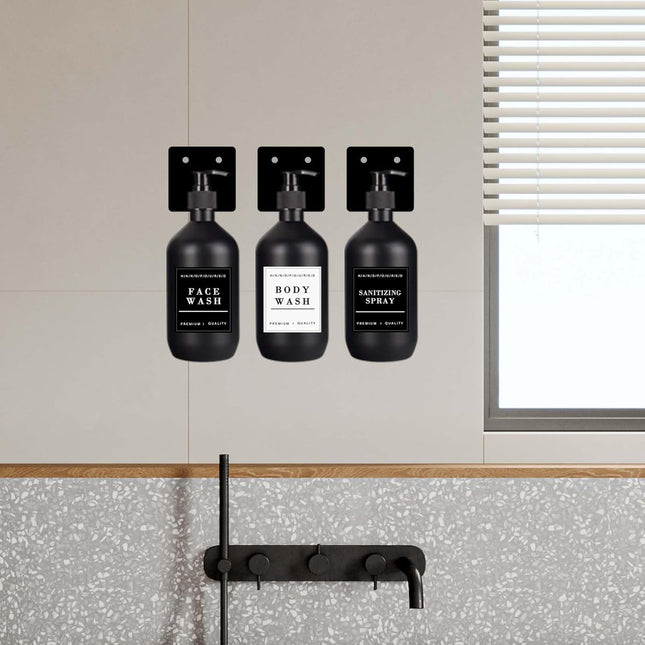 TUAKIMCE 3PC Wall Mount Soap Dispenser Set – 500ml Bottles with Labels & Racks