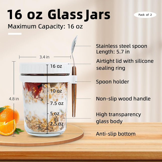 SMARCH Overnight Oats Jars with Lid & Spoon Set – 4-Pack (16oz, Multicolour)