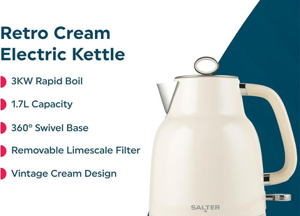 Salter Retro Cream Electric Kettle – 1.7L Rapid Boil 3kW, Vintage Design
