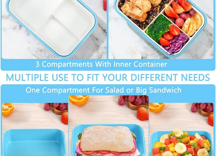 Bento Lunch Box 1100ml 3 Compartment Lunch Container with Spoon & Fork Blue