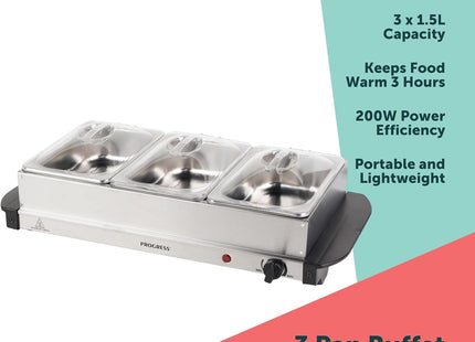 Progress 3 Pan Electric Buffet Server & Food Warmer Tray 4.5L – Silver