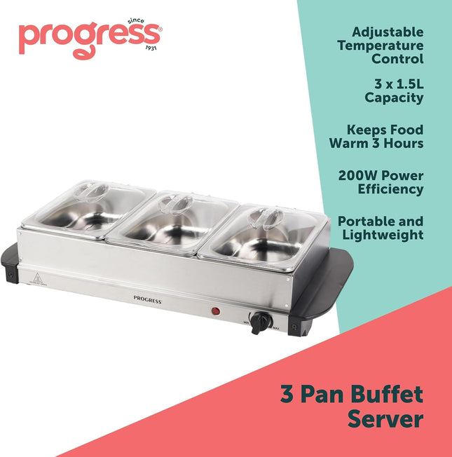 Progress 3 Pan Electric Buffet Server & Food Warmer Tray 4.5L – Silver