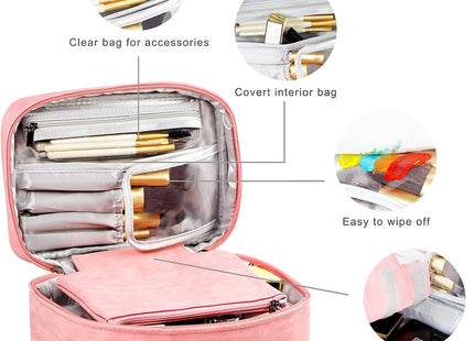 EXERZ Pink PU Makeup Travel Case with Detachable Pouch & Brush Compartments