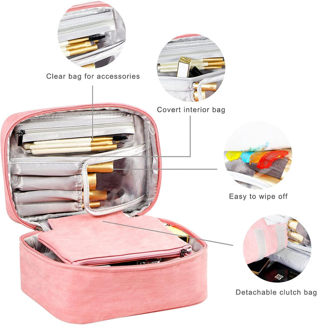 EXERZ Pink PU Makeup Travel Case with Detachable Pouch & Brush Compartments