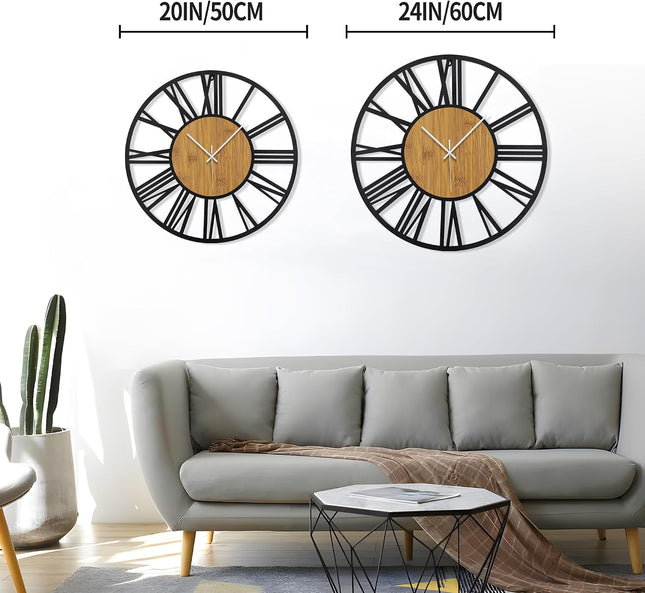 HAITANG 20-Inch Large Silent Wall Clock – 50cm Roman Numeral Retro Wood & Metal Design