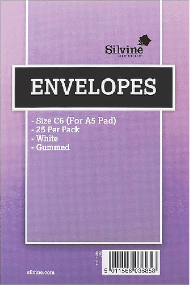 Silvine White C6 Envelopes – Gummed Closure (Pack of 25)