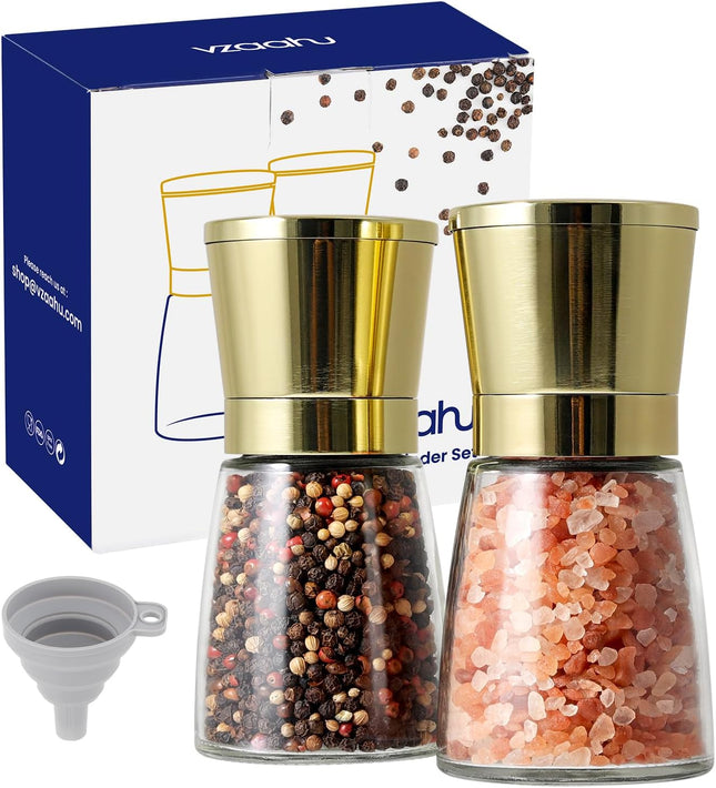Vzaahu Salt and Pepper Grinder Set – Gold Stainless Steel, Adjustable Ceramic Core, 2pcs