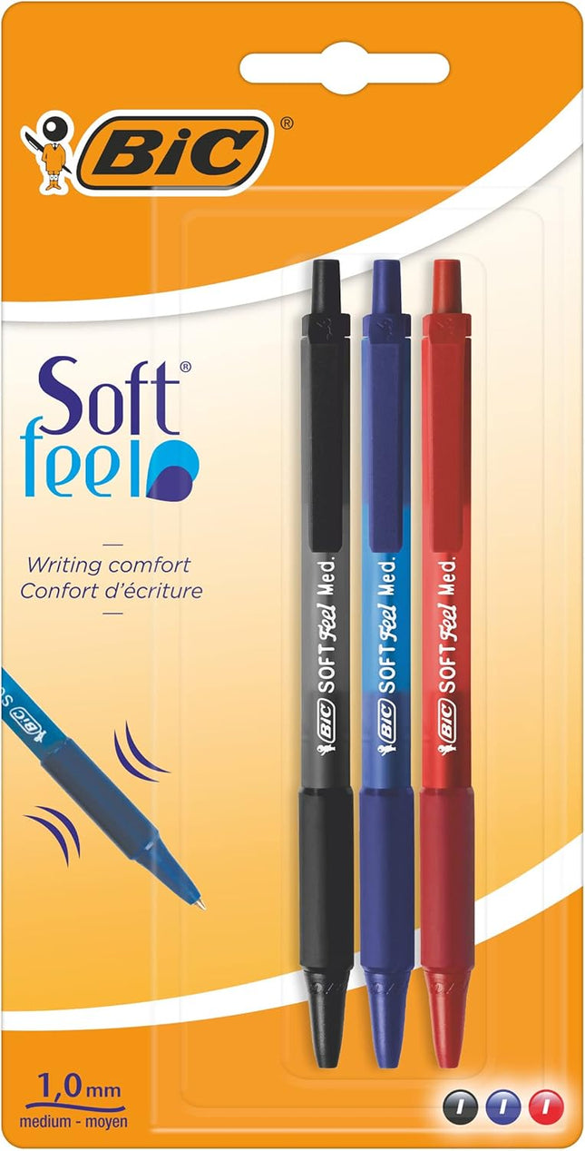 BIC Soft Feel Ballpoint Pens – Medium 1.0mm, Black/Blue/Red, Pack of 3