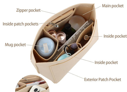 Felt Bag Insert Organiser 6-Pocket Medium, Multi-Pocket Felt Organizer – Beige