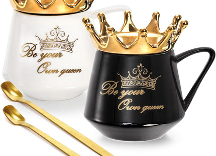 Hacaroa 350ml Crown Ceramic Coffee Mugs with Lids & Spoons – 2 Pack