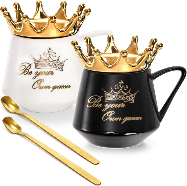 Hacaroa 350ml Crown Ceramic Coffee Mugs with Lids & Spoons – 2 Pack