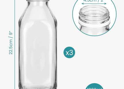 BELLE VOUS Glass Milk Bottles with Airtight Lids 1L Reusable Storage Bottles 3 Pack