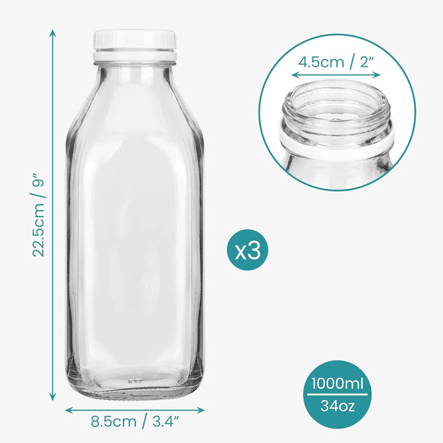 BELLE VOUS Glass Milk Bottles with Airtight Lids 1L Reusable Storage Bottles 3 Pack