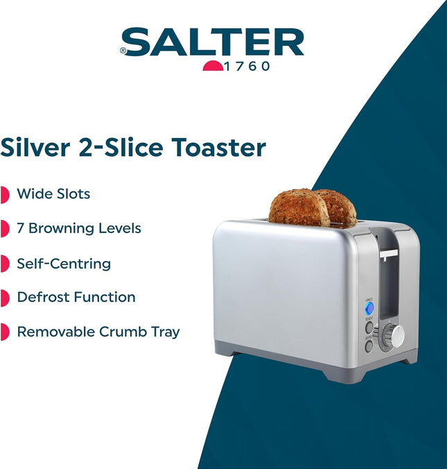Salter Aspen 2-Slice Toaster – Wide Slots, 7 Browning Levels, 930W, Silver