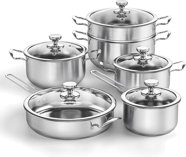 Stainless Steel Cookware Set – Pots & Pans with Lids, Oven Safe, Stay-Cool Handles