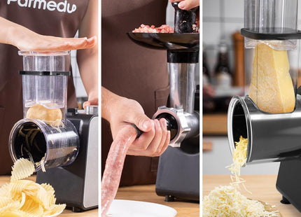 Parmedu Electric Cheese Grater & Meat Grinder – 12 Attachments