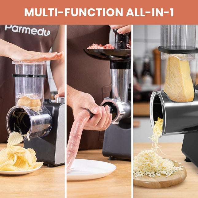 Parmedu Electric Cheese Grater & Meat Grinder – 12 Attachments