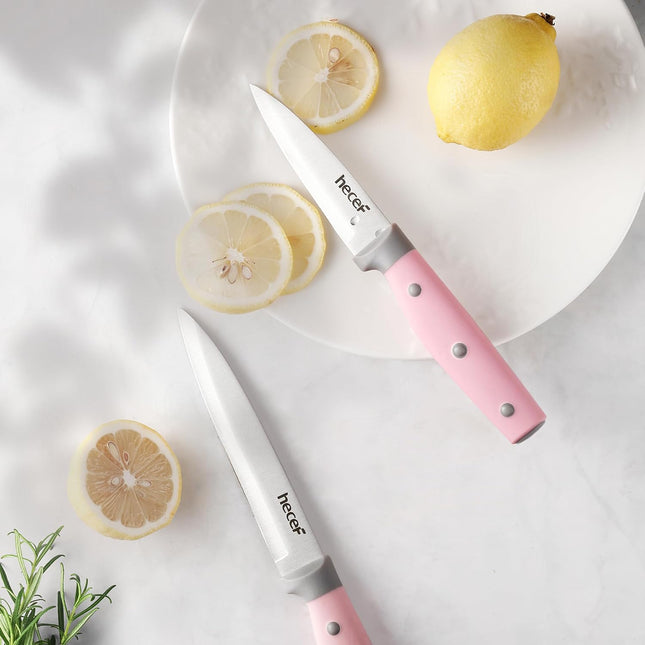 hecef 5-Piece Knife Set with Magnetic Holder – Stainless Steel Knives with Pink Handles