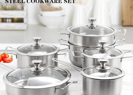 Stainless Steel Cookware Set – Pots & Pans with Lids, Oven Safe, Stay-Cool Handles