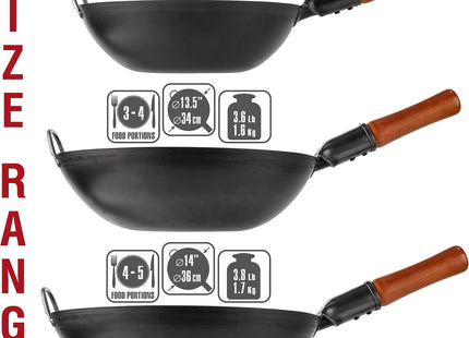 YOSUKATA 34cm Black Carbon Steel Wok – Pre-Seasoned Flat Bottom Stir Fry Pan