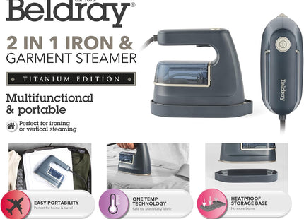 Beldray 2 In 1 Travel Iron & Garment Steamer 1200W – Ceramic Soleplate Grey