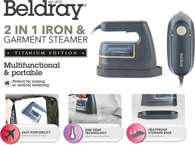 Beldray 2 In 1 Travel Iron & Garment Steamer 1200W – Ceramic Soleplate Grey