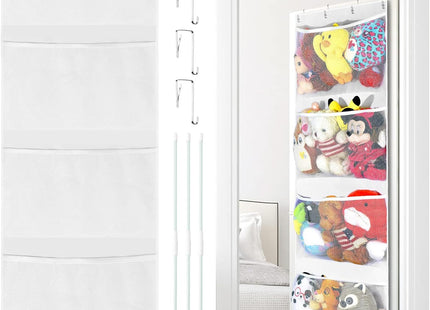 VISATOR Hanging Soft Toy Storage Organiser with 4 Mesh Pockets Over Door White