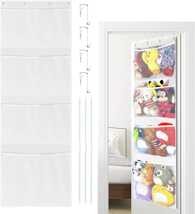 VISATOR Hanging Soft Toy Storage Organiser with 4 Mesh Pockets Over Door White
