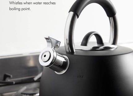 VonShef 2.5L Matte Black Whistling Stove Top Kettle – Stainless Steel, Induction Ready