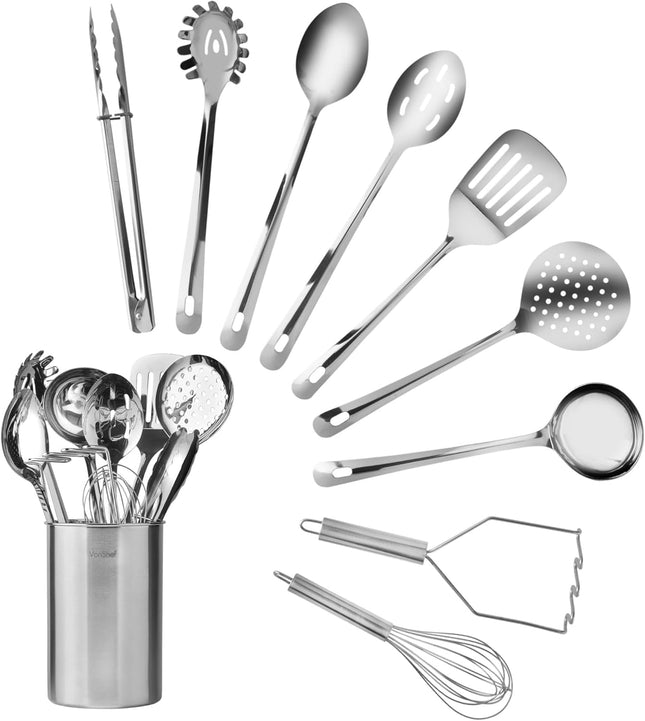 VonShef 10-Piece Kitchen Utensil Set – Stainless Steel with Storage Holder