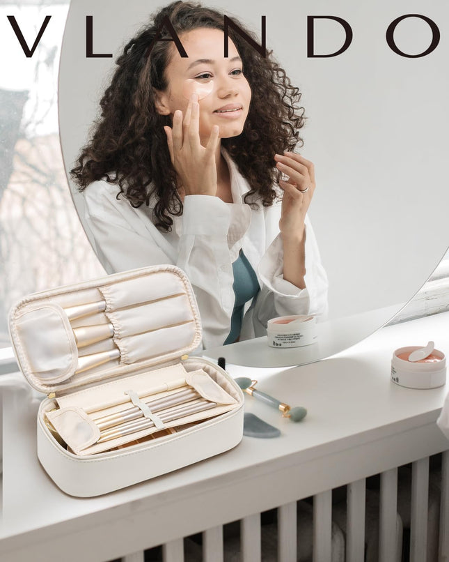 VLANDO Large Travel Makeup Bag with Brush Compartment – Apricot White