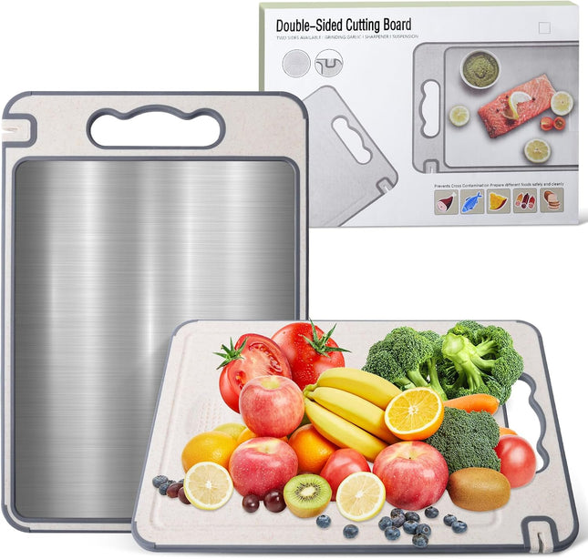 Double Sided 304 Stainless Steel Chopping Board with Wheat Straw PP Non-Slip