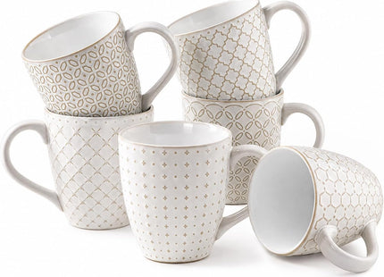 DOWAN 6-Piece 19oz Embossed Stoneware Coffee Mug Set – Arctic White