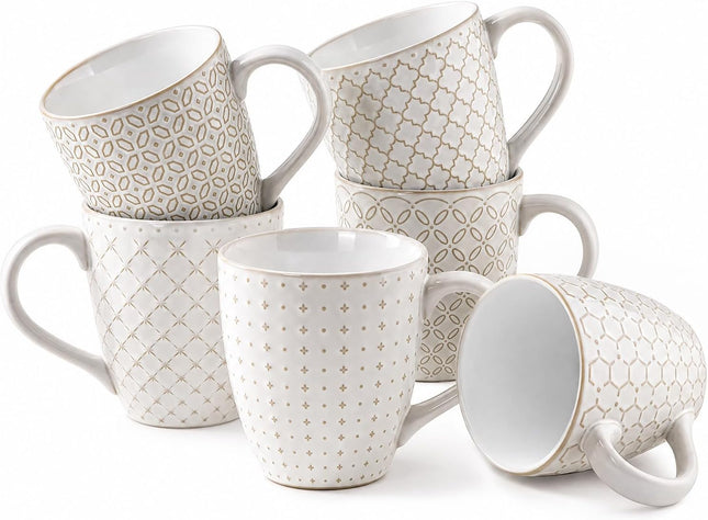 DOWAN 6-Piece 19oz Embossed Stoneware Coffee Mug Set – Arctic White