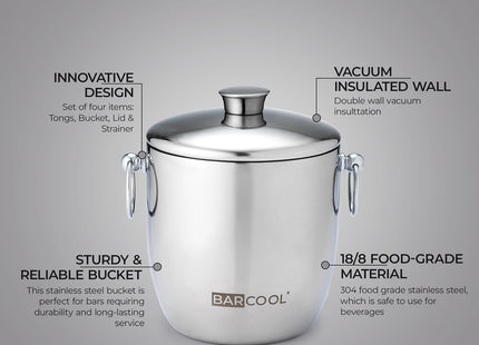 Barcool 3L Double-Walled Stainless Steel Ice Bucket with Lid & Tongs