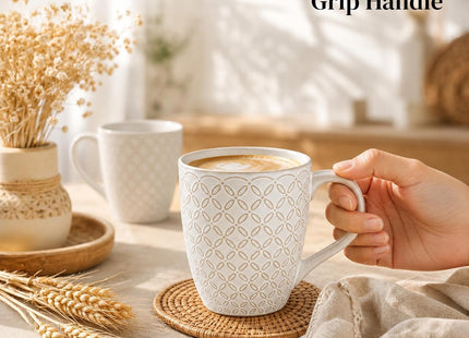 DOWAN 6-Piece 19oz Embossed Stoneware Coffee Mug Set – Arctic White