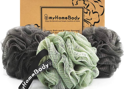 myHomeBody Large 70g Loofah Shower Sponges 3 Pack – Charcoal & Sage