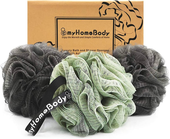 myHomeBody Large 70g Loofah Shower Sponges 3 Pack – Charcoal & Sage